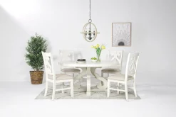 Mor Furniture Seating For 4|Round Dining Sets|Stone Round Dining Table & 4 Chairs In , Upholstered Slat White