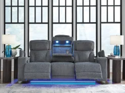 Mor Furniture Reclining Sofas|Sofas|Studio Cave 2 Power Sofa W/ Drop Down Table In Steel